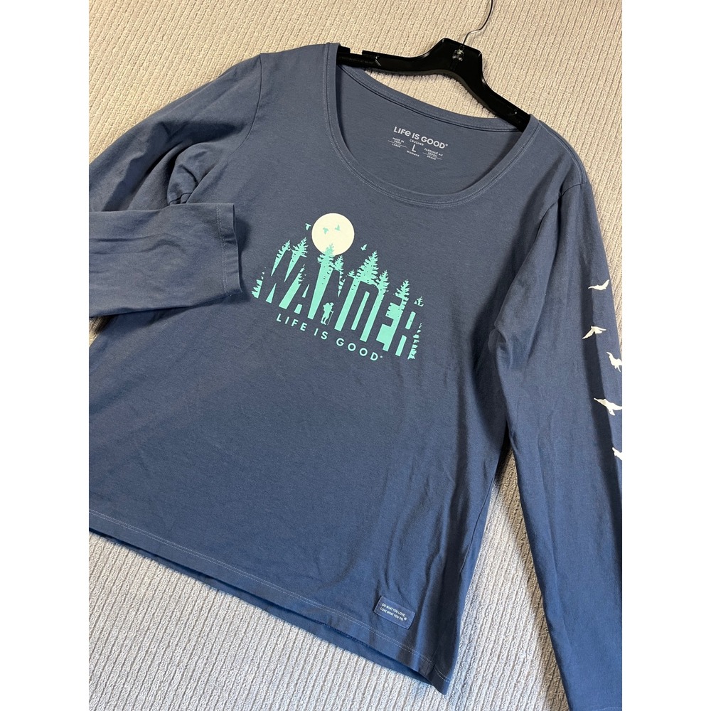 Life is Good Womens Wander Graphic Crusher Tee Blue Long Sleeve L Moon Forest